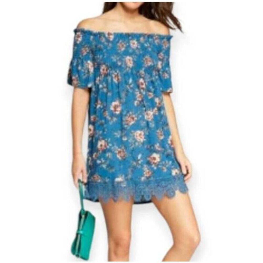 XHILARATION BLUE/GREEN FLORAL SMOCKED OFF-THE-SHOULDER DRESS SZ.S EUC.